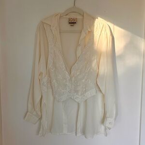 Sheer Cream Embroidered Western Whimsigoth Style Button-Up Shirt